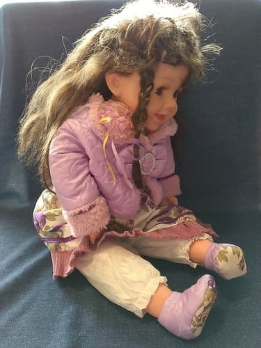 22" Brunette Doll Brown Glass Eyes Original Outfit Purple Coat Cute Girl Doll - Thumbnail 6