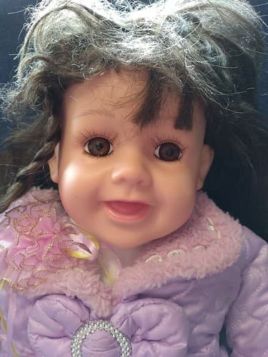 22" Brunette Doll Brown Glass Eyes Original Outfit Purple Coat Cute Girl Doll - Thumbnail 2
