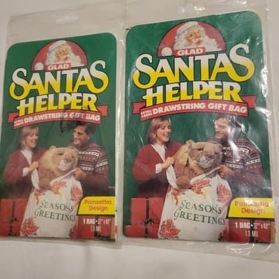 Santa's Helper XL Drawstring Gift Bag Poinsettia 32x40" Santas Vtg Lot of 2 Glad - Image 1