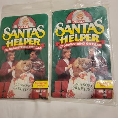 Santa's Helper XL Drawstring Gift Bag Poinsettia 32x40" Santas Vtg Lot of 2 Glad - Thumbnail 2