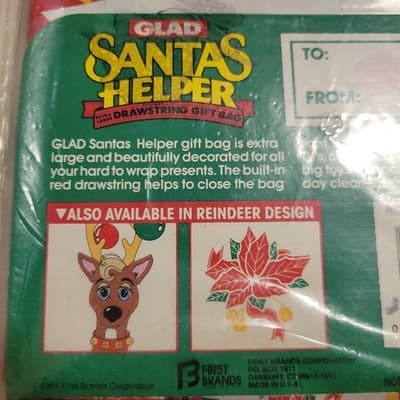 Santa's Helper XL Drawstring Gift Bag Poinsettia 32x40" Santas Vtg Lot of 2 Glad - Thumbnail 4