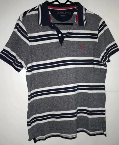 U.S. Polo Assn. Polo Shirt Medium Striped White Blue Gray Bright Colors - Image 1