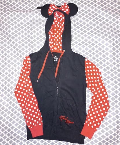 Authentic Disney Parks Minnie Mouse Hoodie Sweatshirt Small Ears Black Red White - Image 1