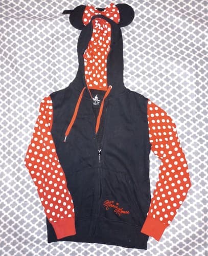 Authentic Disney Parks Minnie Mouse Hoodie Sweatshirt Small Ears Black Red White - Thumbnail 2