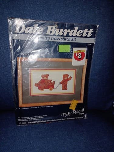 Vinitage Dale Burdett Teddy Bears In Wagon Cross Stitch Kit 9" x 5" 1985 NOS - Thumbnail 2