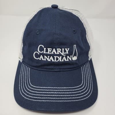 Vtg Clearly Canadian Trucker Hat Navy White Mesh Adjustable Strapback Cap Y2K - Image 1