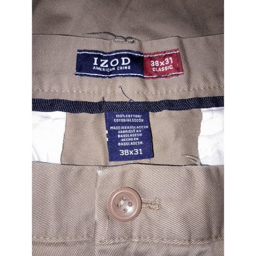 IZOD Chino Pants Mens 38x31 Khaki Classic Flat Front Casual Cotton Slacks - Image 1