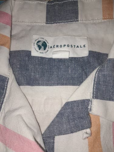 Aeropostale Button Down Mens S Short Sleeve Shirt w Blue Mustard Pink Stripes - Thumbnail 4