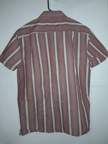 Aeropostale Button Down Mens Small Short Sleeve Shirt Rust with Blue Stripe EUC - Thumbnail 6