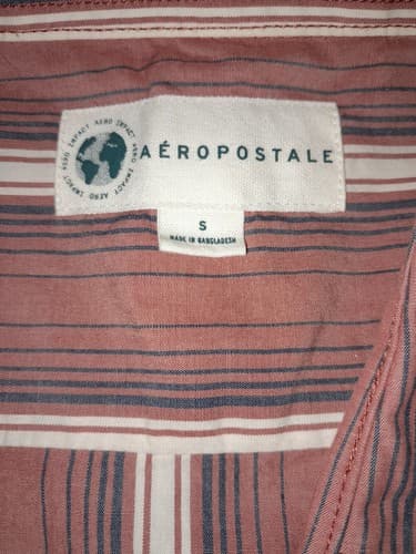 Aeropostale Button Down Mens Small Short Sleeve Shirt Rust with Blue Stripe EUC - Thumbnail 3