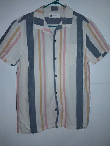 Aeropostale Button Down Mens S Short Sleeve Shirt w Blue Mustard Pink Stripes - Image 1