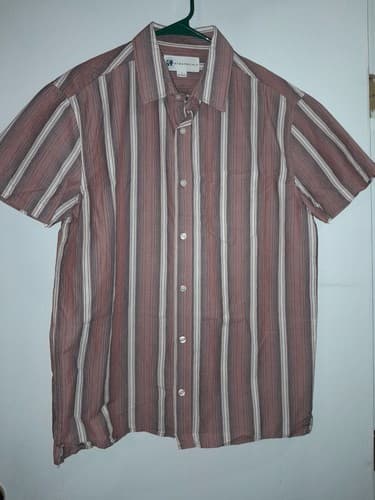 Aeropostale Button Down Mens Small Short Sleeve Shirt Rust with Blue Stripe EUC - Thumbnail 2