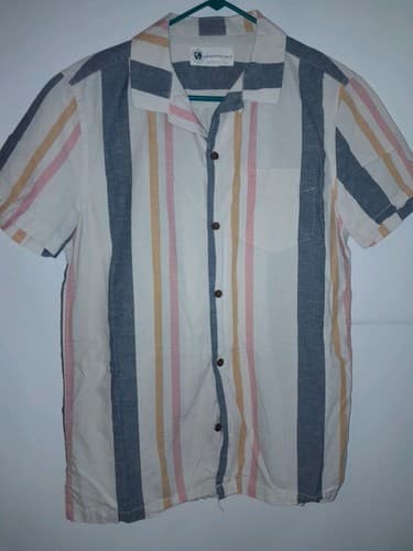 Aeropostale Button Down Mens S Short Sleeve Shirt w Blue Mustard Pink Stripes - Thumbnail 2