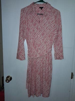 Talbots Boho Chic Ponte Knit Belted Shirt Dress Coral White M Midi - Thumbnail 2