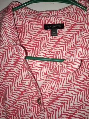Talbots Boho Chic Ponte Knit Belted Shirt Dress Coral White M Midi - Thumbnail 3