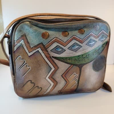 Anuschka Hand Painted Leather Crossbody Bag Vtg Boho Southwest 70s Style Purse - Thumbnail 7