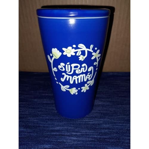 Super Mama Blue Stoneware Travel Mug Tumbler w/ Matching Lid Opalhouse - Image 1