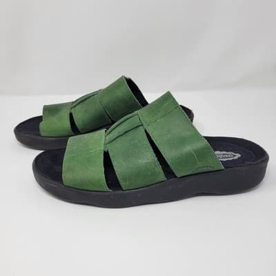 Azaleia Green Leather Slide Sandals Size 8 Brazil Made Comfort Triple Strap LUXE - Thumbnail 2