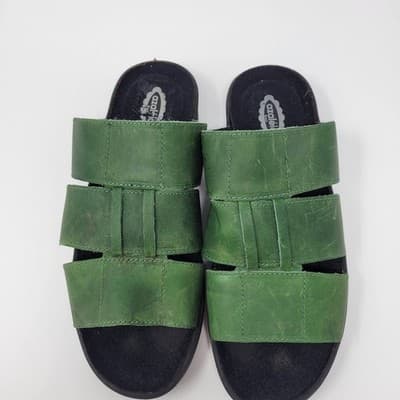 Azaleia Green Leather Slide Sandals Size 8 Brazil Made Comfort Triple Strap LUXE - Image 1
