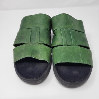 Azaleia Green Leather Slide Sandals Size 8 Brazil Made Comfort Triple Strap LUXE - Thumbnail 4