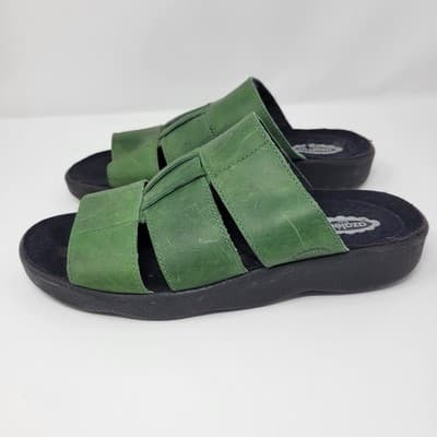 Azaleia Green Leather Slide Sandals Size 8 Brazil Made Comfort Triple Strap LUXE - Thumbnail 3