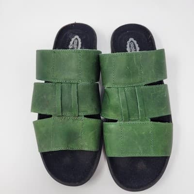 Azaleia Green Leather Slide Sandals Size 8 Brazil Made Comfort Triple Strap LUXE - Thumbnail 5