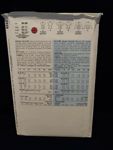 Butterick 6243 Very Loose Fitting W/ Shoulder Pads Blouse Top Sz 8 10 12 Pattern - Thumbnail 2