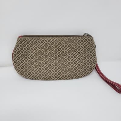 Talbots Brown Beige Monogram Wristlet Clutch Red Leather Trim Zip Bag - Thumbnail 4