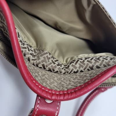 Talbots Brown Beige Monogram Wristlet Clutch Red Leather Trim Zip Bag - Thumbnail 7