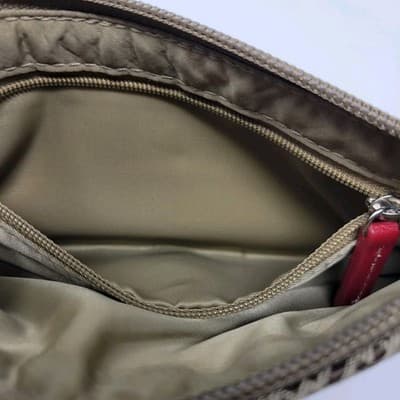 Talbots Brown Beige Monogram Wristlet Clutch Red Leather Trim Zip Bag - Thumbnail 10