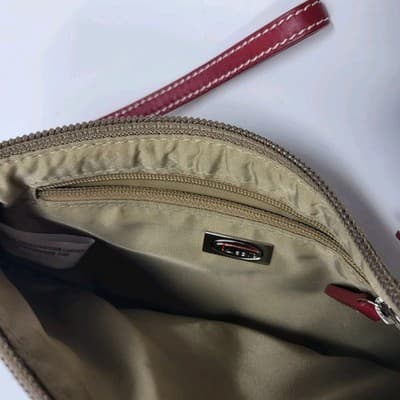 Talbots Brown Beige Monogram Wristlet Clutch Red Leather Trim Zip Bag - Thumbnail 8