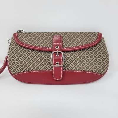 Talbots Brown Beige Monogram Wristlet Clutch Red Leather Trim Zip Bag - Image 1