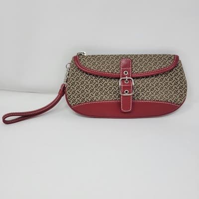 Talbots Brown Beige Monogram Wristlet Clutch Red Leather Trim Zip Bag - Thumbnail 2