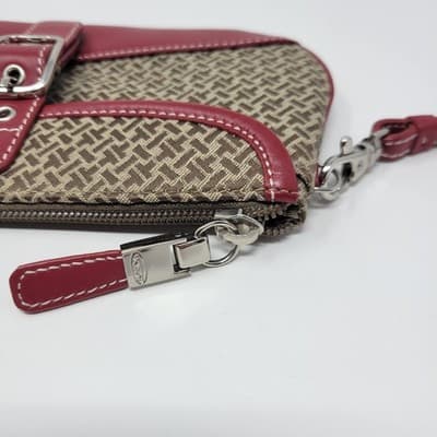 Talbots Brown Beige Monogram Wristlet Clutch Red Leather Trim Zip Bag - Thumbnail 5