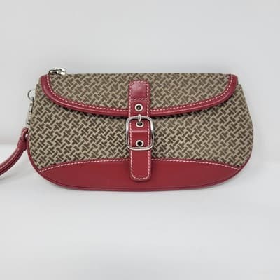 Talbots Brown Beige Monogram Wristlet Clutch Red Leather Trim Zip Bag - Thumbnail 3