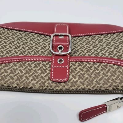 Talbots Brown Beige Monogram Wristlet Clutch Red Leather Trim Zip Bag - Thumbnail 6