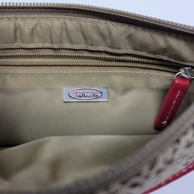 Talbots Brown Beige Monogram Wristlet Clutch Red Leather Trim Zip Bag - Thumbnail 9