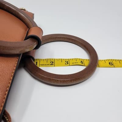 Wood Handle Bucket Bag Cognac Brown Faux Leather Boho Structured Purse - Thumbnail 14