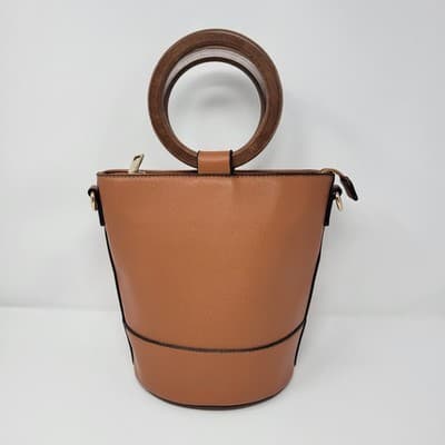 Wood Handle Bucket Bag Cognac Brown Faux Leather Boho Structured Purse - Thumbnail 15