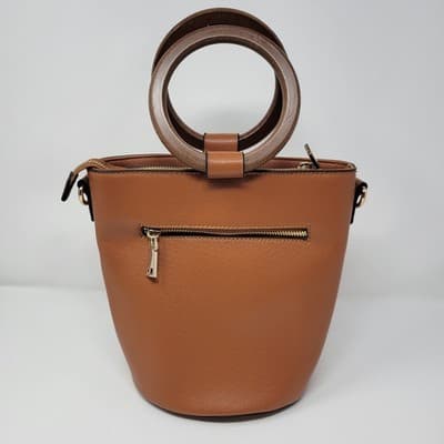 Wood Handle Bucket Bag Cognac Brown Faux Leather Boho Structured Purse - Thumbnail 3