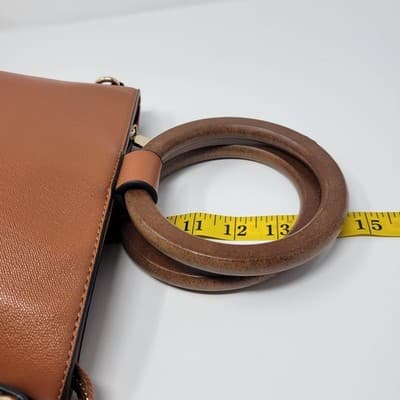 Wood Handle Bucket Bag Cognac Brown Faux Leather Boho Structured Purse - Thumbnail 13