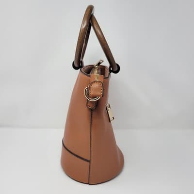 Wood Handle Bucket Bag Cognac Brown Faux Leather Boho Structured Purse - Thumbnail 2
