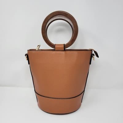 Wood Handle Bucket Bag Cognac Brown Faux Leather Boho Structured Purse - Image 1