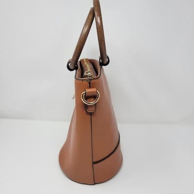 Wood Handle Bucket Bag Cognac Brown Faux Leather Boho Structured Purse - Thumbnail 4