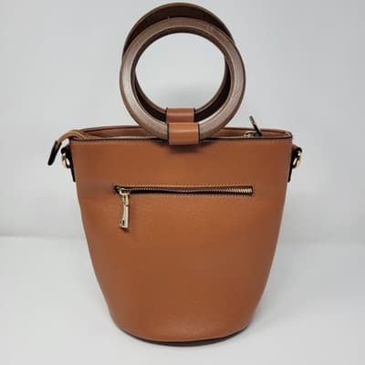 Wood Handle Bucket Bag Cognac Brown Faux Leather Boho Structured Purse - Thumbnail 16