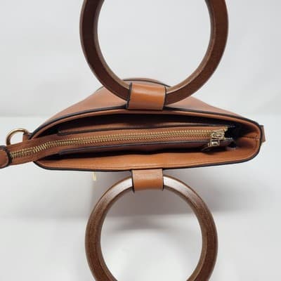 Wood Handle Bucket Bag Cognac Brown Faux Leather Boho Structured Purse - Thumbnail 6