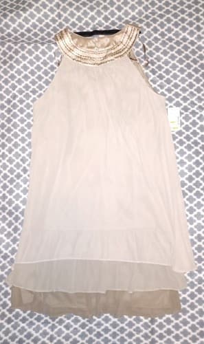 Short 3 Tiered Goddess Dress Beaded Neck Line Elegant Stone 36 3/4" L Sz 14 - Image 1