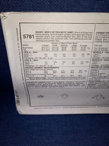 McCalls 5781 Sewing Pattern Mens Womens Teens Button Down Shirts Size 44-46 - Thumbnail 4