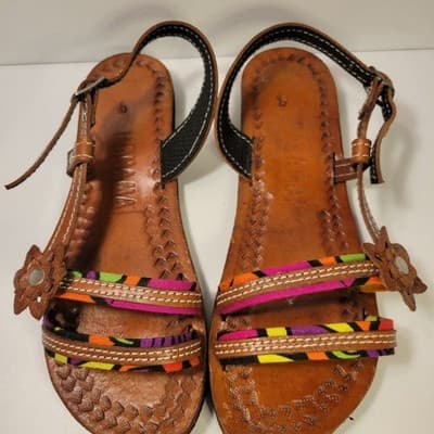 Handmade Panama Leather Sandals Multicolor Straps Floral Accent Women’s Size 9 - Thumbnail 4