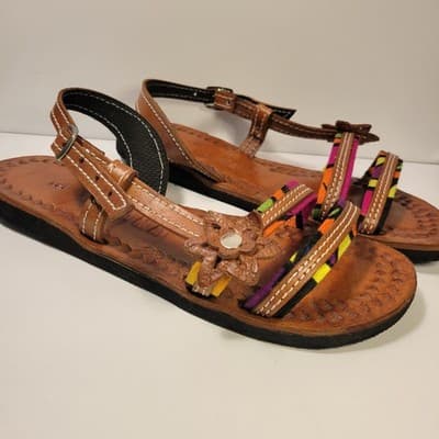 Handmade Panama Leather Sandals Multicolor Straps Floral Accent Women’s Size 9 - Image 1